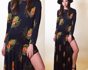 1970s authentic vintage Diane Von Furstenberg slinky nylon disco long sleeve fitted long sleeve maxi dress with drop waist women's small
