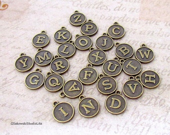 Add on round initial charm, personalized antique brass initial disc