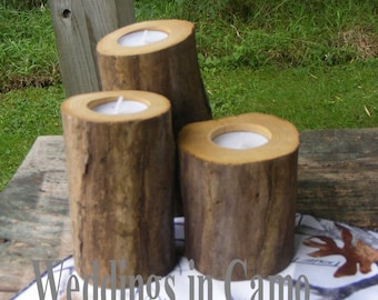 3 RUSTIC wooden candles various heights with tea lights COUNTRY RUSTIC