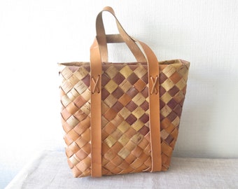 Swedish Vintage Birch Bark Bag Shopping Bag Natural Material Tote Handmade Wood Bag Organic Handwoven Brown Medium size @239-4