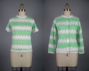 Vintage 1960s Zig Zag Knit Sweater Set 60s Green and White Acrylic Knit Set Size M