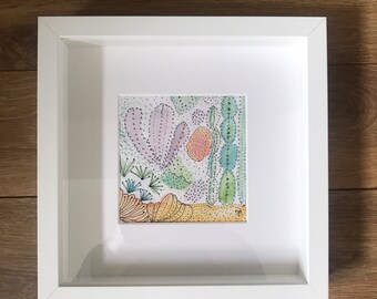 Original framed contemporary watercolour picture cactus