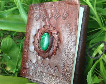 Leather Notebook - Mini Leather Journal - Malaquite Stone Leather Journal - Rustic Blank Book - Medieval Leather Journal - Handmade Journal