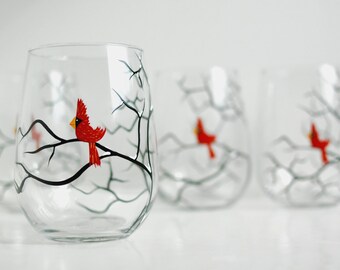 Christmas Cardinals Stemless Wine Glasses - Set of 6 Hand Painted Wine Glasses, Christmas Glasses, Cardinal Glasses, Hand Painted Bird Glass