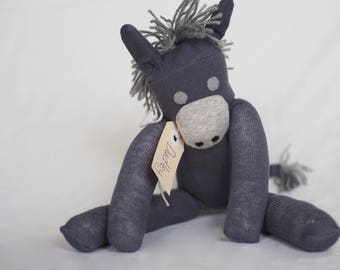 Sock animal, sock donkey, sock monkey, soft plush toy for children. Dudley Donkey.
