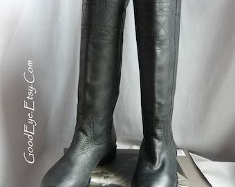 Vintage Black Leather Biker Roper Boots / Ladies size Eu 37 USA 6 .5 UK 4 / JOIE Cowboy Flat Knee Riding Boot / made in Mexico