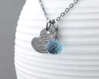 Small Blue Necklace Silver Charm Necklace Sterling Silver Heart Pendant Necklace Gift for Her Boho Necklace Bohemian Jewelry - Solo