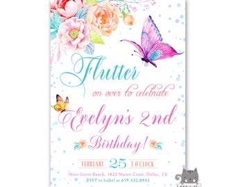 Butterfly Birthday Invitation, Butterfly Invite, Butterfly Invitation for 1st Birthday, 2nd Birthday, 3rd Birthday, Floral, Watercolor, Girl