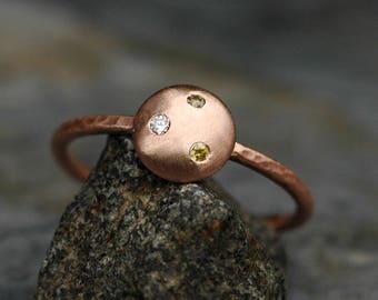 Rose Gold and Diamond Ring- Hammered Band with White, Yellow, and Cognac Diamonds