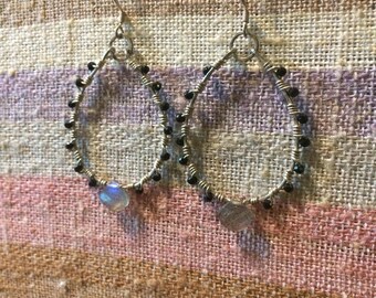 Sterling Labradorite and Spinel Hoop Earrings