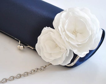Midnight Blue and Off white - Bridal Clutch - Bridesmaid Clutch - Wedding Clutch - comes with a chain strap - You choose the color