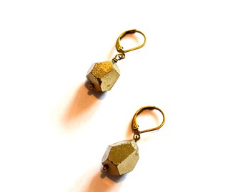 Small Pyrite Nugget Earrings / Fools Gold Nugget Earrings / Gem Cut Gold Earrings / Faceted Pyrite Earrings with Antiqued Brass Ear Closures