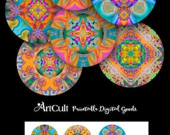 Printable Digital Download KALEIDOSCOPE MANDALAS 2.5 inch Spiritual art images for Pocket Mirrors Magnets Paper Weights cupcake toppers