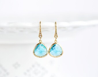 Light blue earrings Birthstone earrings Aquamarine earrings Something blue Gold teardrop earrings Modern earrings Crystal Drop earrings 788