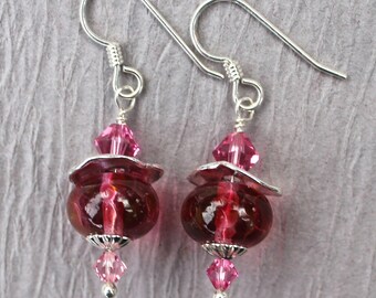 Lampwork Earrings, Lampwork Jewelry, Lampwork Bead Earrings, Pink Beads, Dangle Earrings, Sterling Silver