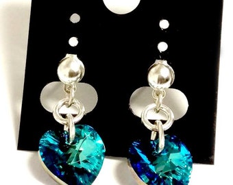 Blue Crystal Heart Earrings - Swarovski Crystal