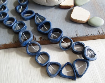 Blue bone beads, triangle freeform round donut shape , irregular bead frame, Rustic ethnic ( 10 beads ) 6db4-4