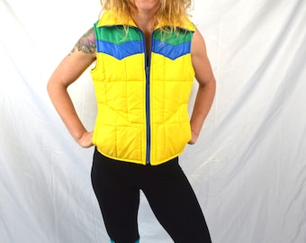 Vintage 70s 80s Blue Green Yellow Puffy Winter Ski Fun Snow Vest