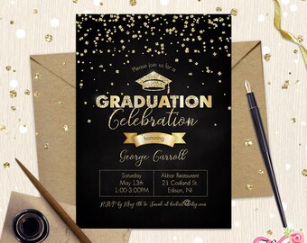 Graduation Party Invitation. Senior Boy Girl. Graduation Announcements Celebration. Class of 2018. Square Oxford Cap. Glam Black Gold Silver