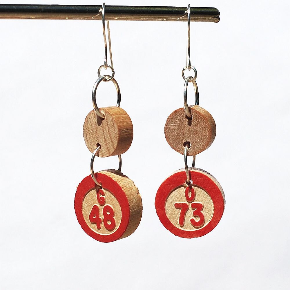 Bingo Jewelry Upcycled Red Vintage Bingo Game Piece Earrings