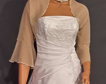 Chiffon bolero jacket 3/4 bell sleeve shrug wedding wrap bridal cover up CBA216 AVL IN champagne and 6 other colors. Small - Plus size!