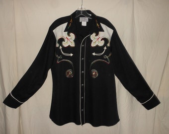 H BAR C California Ranchwear Vtg 70s 80s USA Mens 16 1/2 L Black Western Pearl Snap Shirt Rockabilly Rare Rock Star Rocker Cowboy