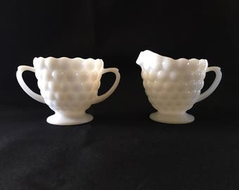 Vintage Creamer and Sugar, Milk Glass Creamer and Sugar Set, Anchor Hocking Milk Glass Bubble Pattern, White Milk Glass Creamer and Sugar