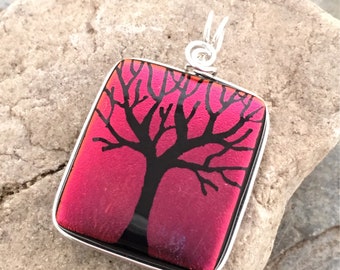 SALE Tree Pendant Dichroic Dark Red Hand Etched Glass Art Wire Wrapped