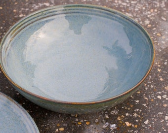 Soup or Salad bowl, Blue denim with hint of brown and green - Brown Tan - Natural Patina High Fire Stoneware - Hand Painted - Ready To Ship