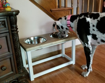 Elevated dog feeding table for Large or Extra Large size dog. Great Dane bowl stand. Feeding station with 2 bowls. Pet food bowl stand.