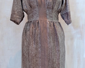 1950s,Jean Hercey,98 Faubg. St Honore,Paris made dress,larger size, patterned,Rayon,silk,contrasting ,tailored,lightweight ,stylish,frock.50