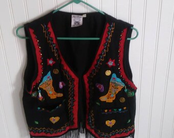 Vintage 1990s Black Western Vest with Fringe. Size Medium.