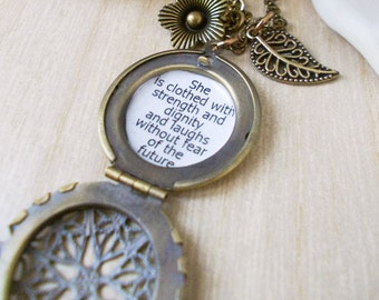 locket necklace Inspirational she is clothed with strength and dignity quote jewelry necklace for women proverbs 31 25 gift for women mother
