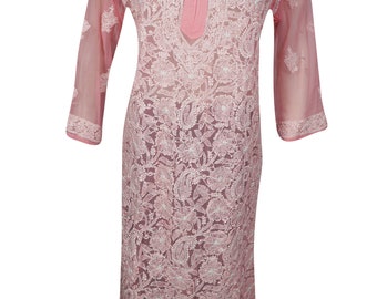 Beautiful Pink Long Tunic Floral Embroidery Long Sleeves Georgette Chikankari Kurti Dress M