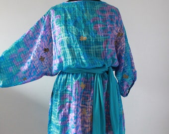 Vintage 1980s BATWING Dress, 80s Blue Purple Beach Cover, Bohemian New Wave Semi Sheer Dress, UK M 14 Medium