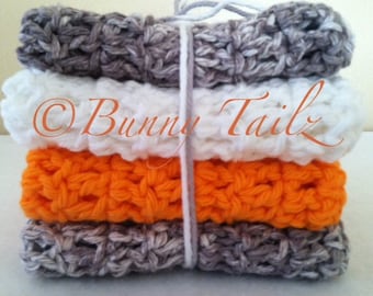 Dish Cloths Crochet Handmade Wash Cloths Spa Cloths Gifts Under 15 Orange White Gray