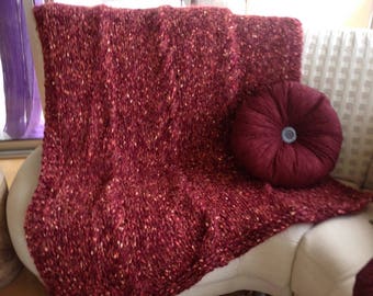 Plaid Burgundy knit mesh with cables, handmade