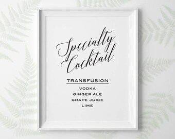 PRINTABLE Wedding Signs, Wedding Specialty Cocktail Sign, Custom Signature Drink Wedding Sign, Black and White Modern Wedding Drink, WS2BP