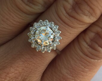 Vintage Inspired White Gold Diamond Flower Halo Engagement Ring 14k