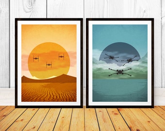 Force Awakens Abstract Print Set - Tie Fighters on Jakku and X Wings on Takodana - Star Wars Episode VII Minimalist Art Poster Print