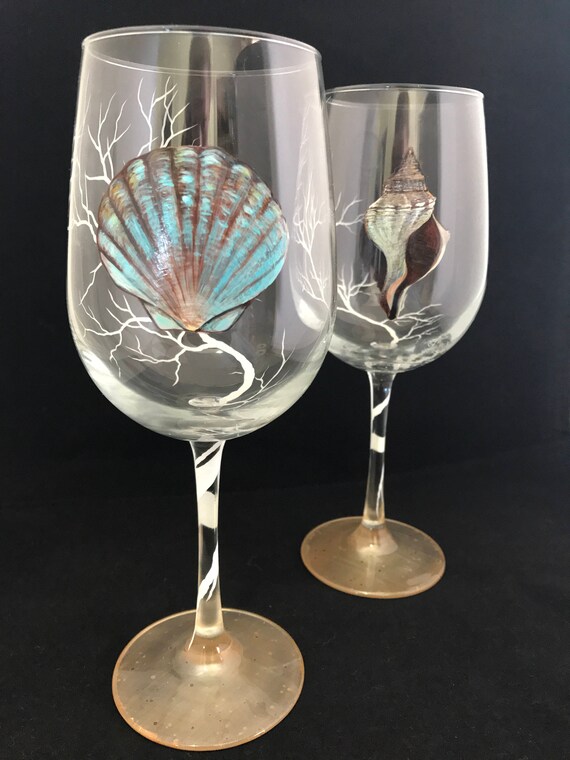 Seashell Hand Painted Wine Glasses Beach Cottage Barware