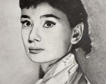 Original Pencil drawing of Audrey Hepburn, old hollywood, vintage, gift ideas, classic, movie star