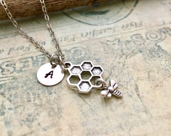 ON SALE - Honeycomb Necklace , Bee Necklace, Initial Necklace, Hand Stamped Necklace, Gift, Friendship Necklace, Bee Charm