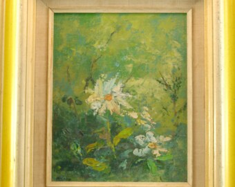 Painting of Flowers Framed Canvas On Board Signed "Helene"