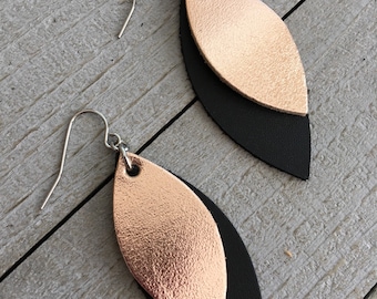 Rose Gold Metallic and Black Leather Leaf Earrings - Dangle Statement Earrings - Geometric Earrings - Gift for Her