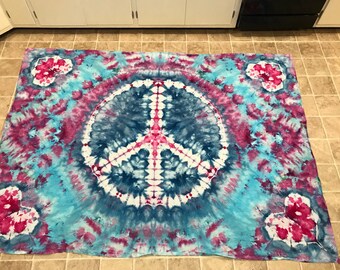 Peace and love design ice dye tie dye tapestry