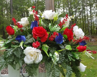 Patriotic Cemetery Saddle With Beautiful Red, White And Blue Roses, Accents of Red And White, Red Bellflowers, White Foam Filler And Silk