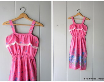 Vintage 80s Midi Sun Dress Pink Floral Retro Sundress Boho Flirty Summer Dress Basic Hipster Pin Up Apron Dress Vintage Womens Medium