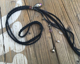Braided Leather Fringe Necklace, Soft Black Leather, Freshwater Pearls, Crystal Teardrop, Boho Tassel Necklace