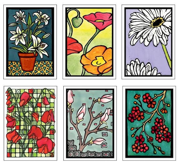 Floral Collection - 6 Blank Greeting Cards - Lilies, Sweet Peas, Poppies, Magnolia, Daisies, Cherry Blossom, Flower Notecards